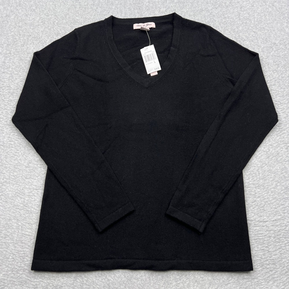 NEW Olivia & Grace Sweater Womens Large Black 100% Cashmere 2-Ply V-Neck Classic